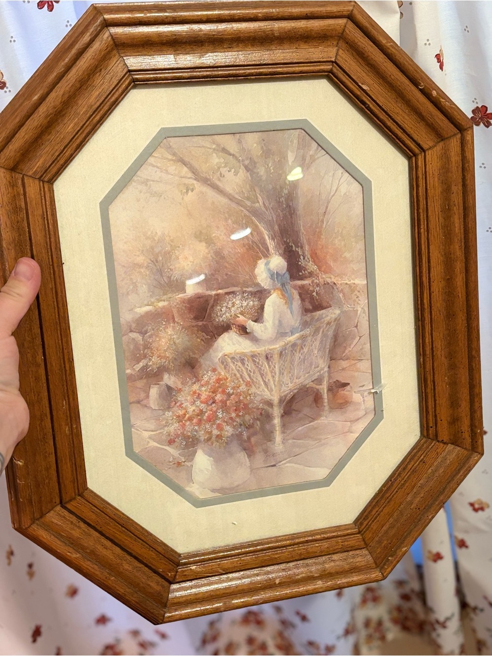 Vintage Framed Pastel Print — Woman on Bench with Flowers HOMCO